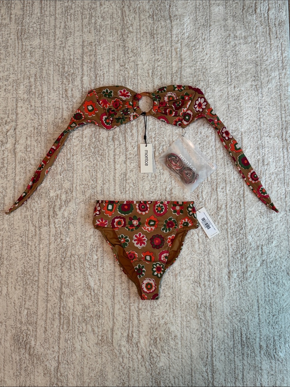 Montce Floral Ring-Front Bikini in Olive, Red, Pink